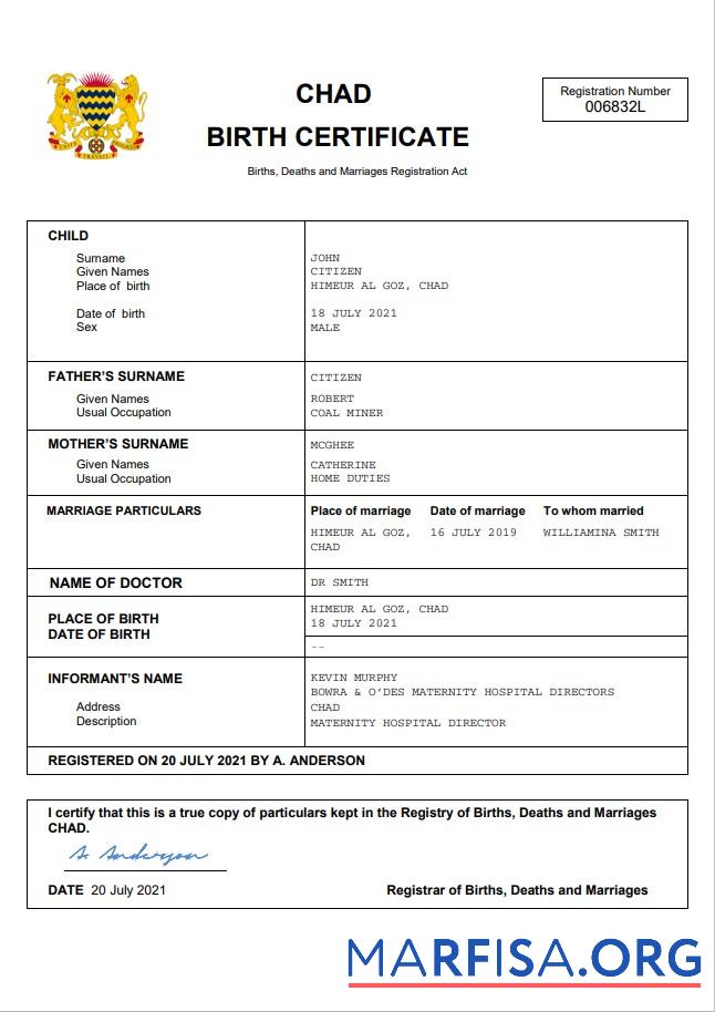 Printable Chad birth certificate Word and PDF template